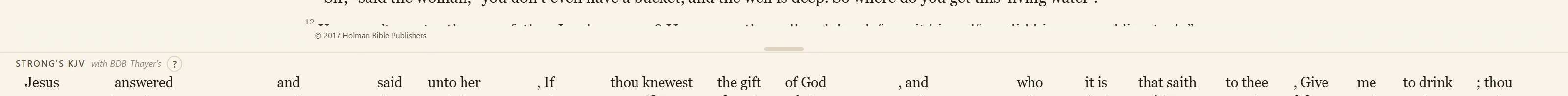 The Strong's Concordance bar directly under the text: each English word above its Greek word, gloss, and Strong's number.
